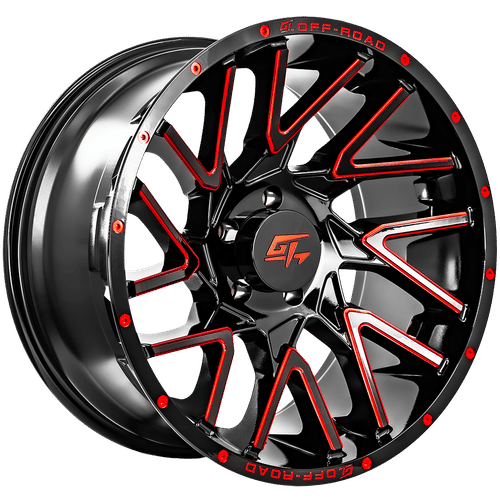 GT OFFROAD - Agression Gloss Black Milled Red | Modèle de boulon 20x9 / 12 Offset / 8x170 | GT82090817012GBMLR